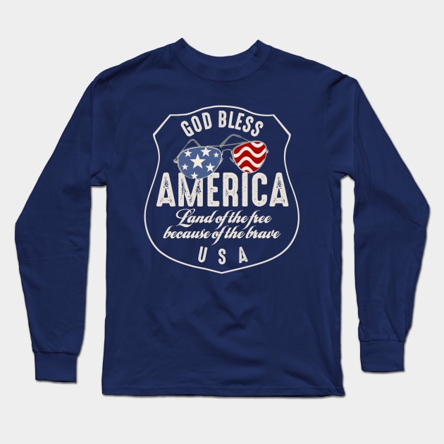 God Bless America Flag Glasses Long Sleeve T-Shirt by Designkix